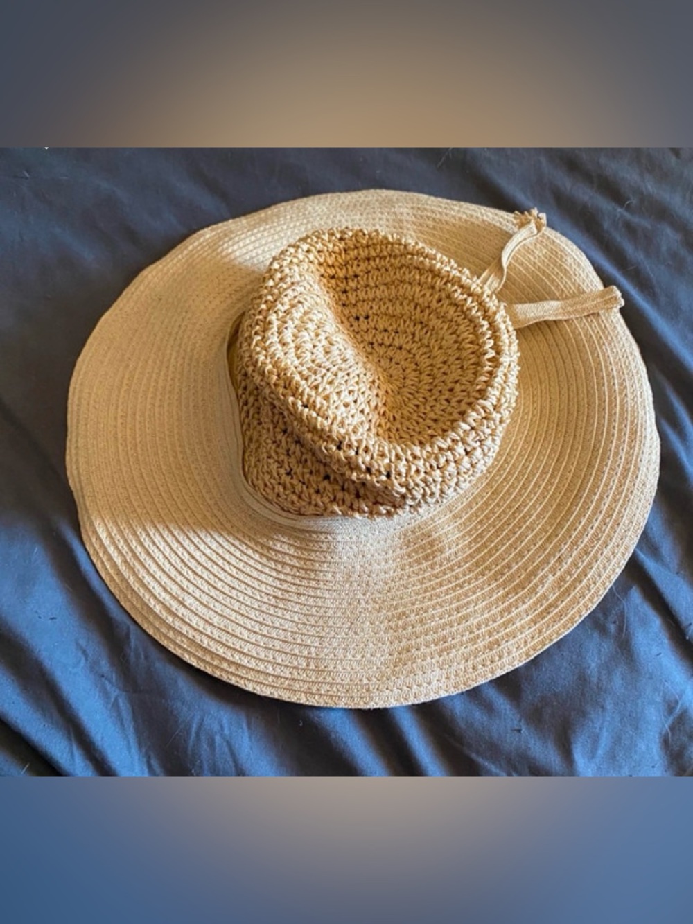 Neutral Beige Wide-Brim Straw Sun Hat with Knit Crown